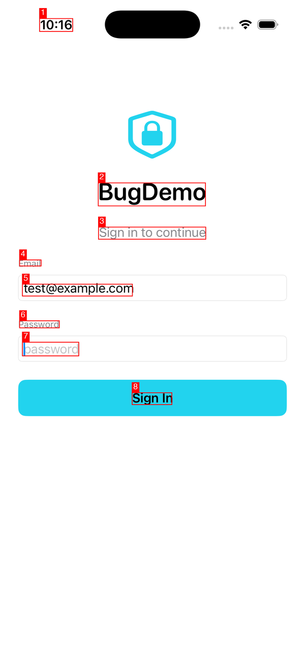 ios_observe output: BugDemo sign-in screen with set-of-marks annotations